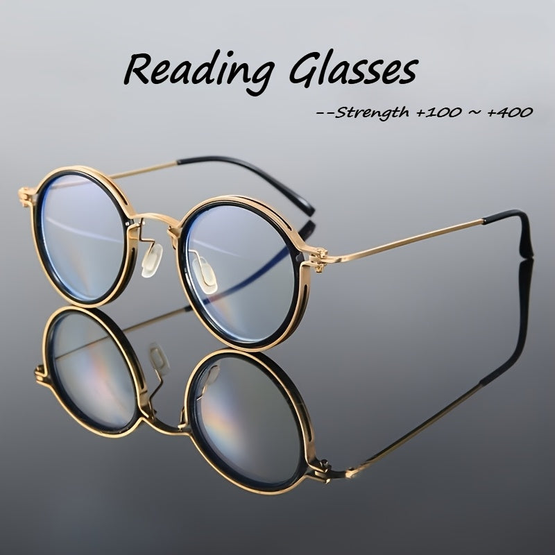 Reading Glasses Retro Round Metal Frame – HD Lenses with Case, Unisex Vintage Circle Readers, Anti-Glare Computer Eye Protection, +1.00 to +4.00 Diopters, Black Golden Brown