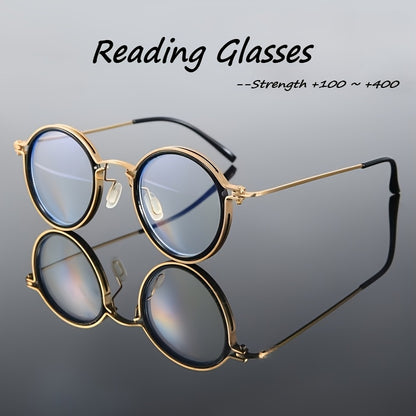 Reading Glasses Retro Round Metal Frame – HD Lenses with Case, Unisex Vintage Circle Readers, Anti-Glare Computer Eye Protection, +1.00 to +4.00 Diopters, Black Golden Brown