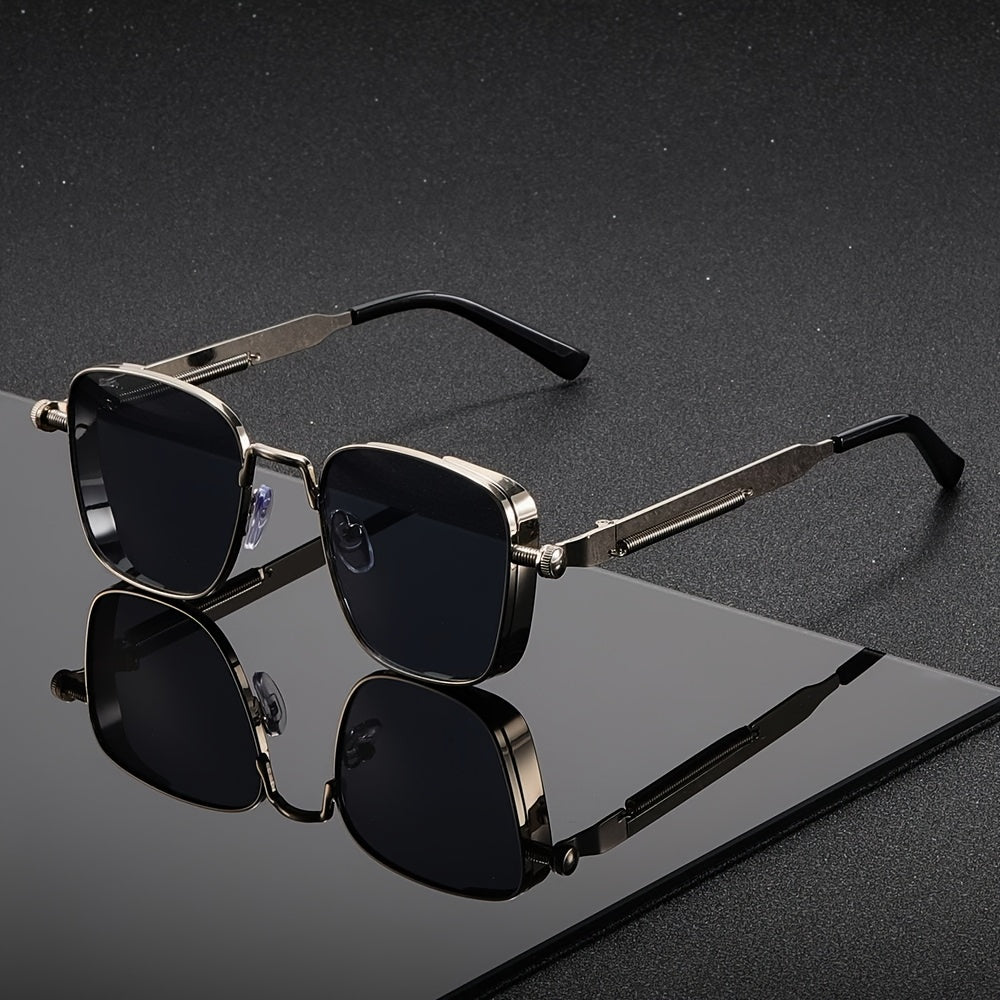 Retro Steampunk Style Square Sunglasses for Men And Women - Vintage Metal Frame with Gradient Green Lenses, Including Eyeglass Cloths And an Eyeglass Case - Cool And Edgy Look for Parties, Streetwear, Festivals - UV400 Protection - Unique Gift Idea