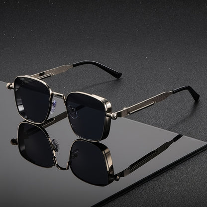Steampunk Sunglasses Square Metal Frame - Retro Vintage UV400 Gradient Lenses for Men Women, Edgy Cool Streetwear Festival Sunglasses with Eyeglass Case & Cloth, Unique Gift Idea