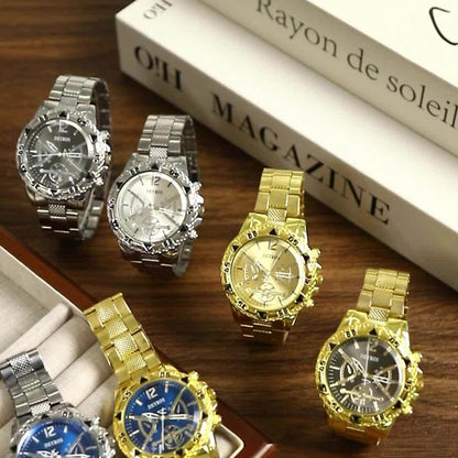 Quartz Watch Set for Men 6pcs Stainless Steel Analog Wristwatch – Date Display Round Dial Classic Luxury Timepiece Gift Box, Reloj Para Hombre