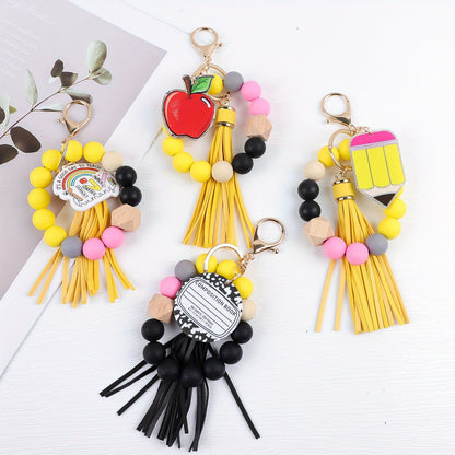 Teacher Beaded Wrist Keychain Set 4pcs – Handmade TEACH Pencil Apple Notebook Charm, Anti-Lost Car Keychain Bag Pendant, Teacher's Day Graduation Back to School Gift
