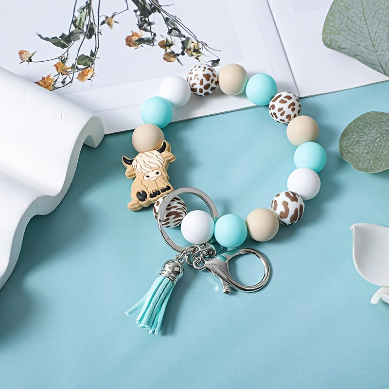 2pcs/set Vintage Cartoon Mint Green Yak Keychain Pendant Western Cowboy Style Handmade Beaded Keychain Bag Clasp Fringed Wrist Key Ring Accessory Perfect Gift for Friends