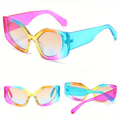Polygonal Sunglasses Women Trendy Geometric Frame UV400 Gradient Multicolor Lightweight Fashion Shades with Case for Beach Vacation Travel Daily Wear Unisex Stylish Eyewear