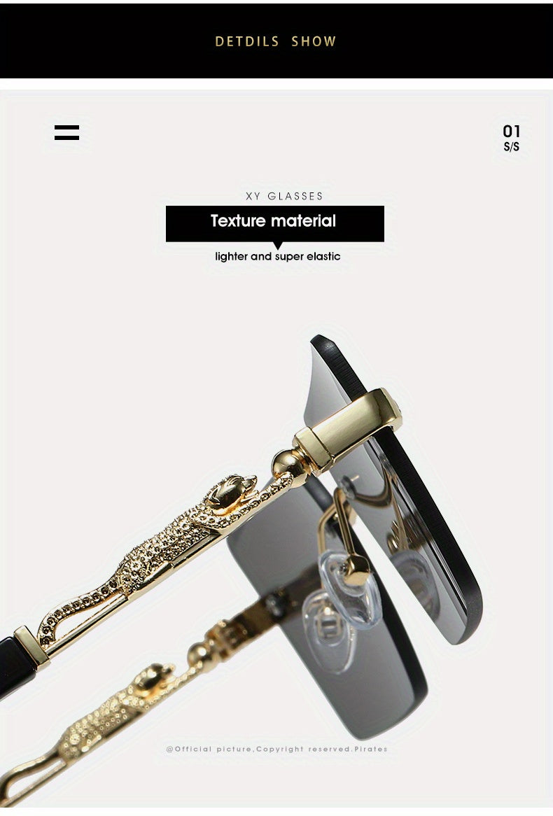 Unisex Luxury Frameless Black And Golden Sunglasses with Leopard-Decorated Arms - UV400 - Narrow Rectangular Lens - Includes Protective Case And Cleaning Cloth - High-End Gift for Men And Women - Stylish Eyewear for Driving, Travel, And Parties
