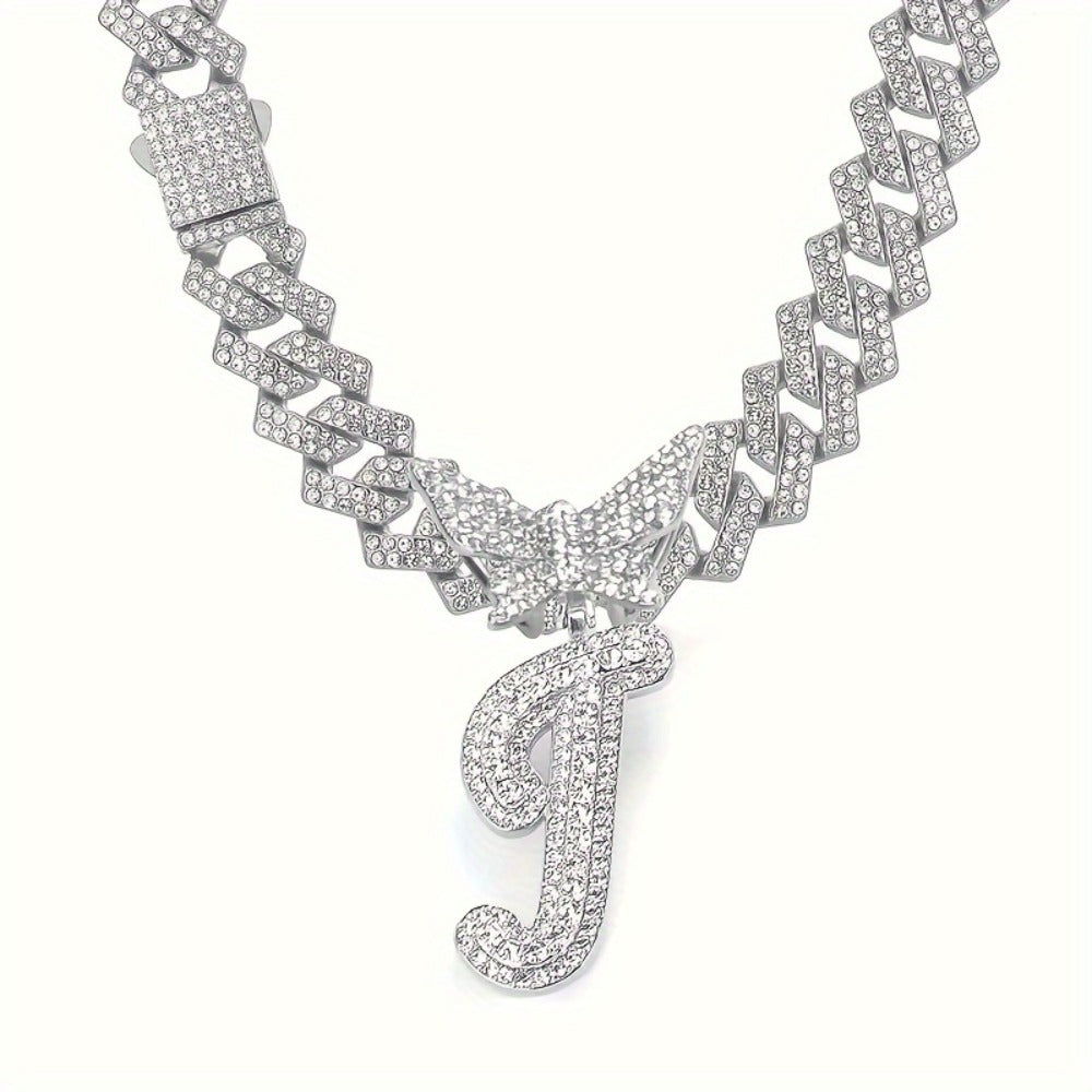 Cuban Link Chain Necklace - Initial Letter for Men Women - with Butterfly Alphabet Pendant A-Z, Gold & - product detail view