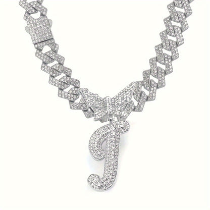 Cuban Link Chain Necklace - Initial Letter for Men Women - with Butterfly Alphabet Pendant A-Z, Gold & - product detail view