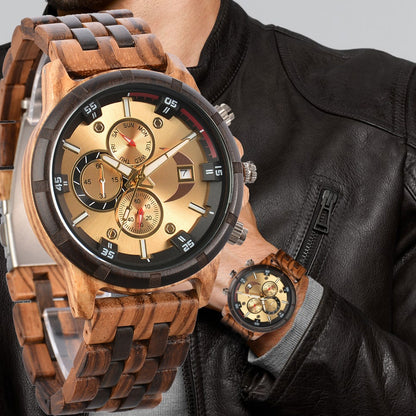 Men's Wooden Watch | Luxury Multifunctional Quartz Wristwatch with Week, Calendar & Timer Display, Natural Wood Fashion Watch for Men – Unique Gift