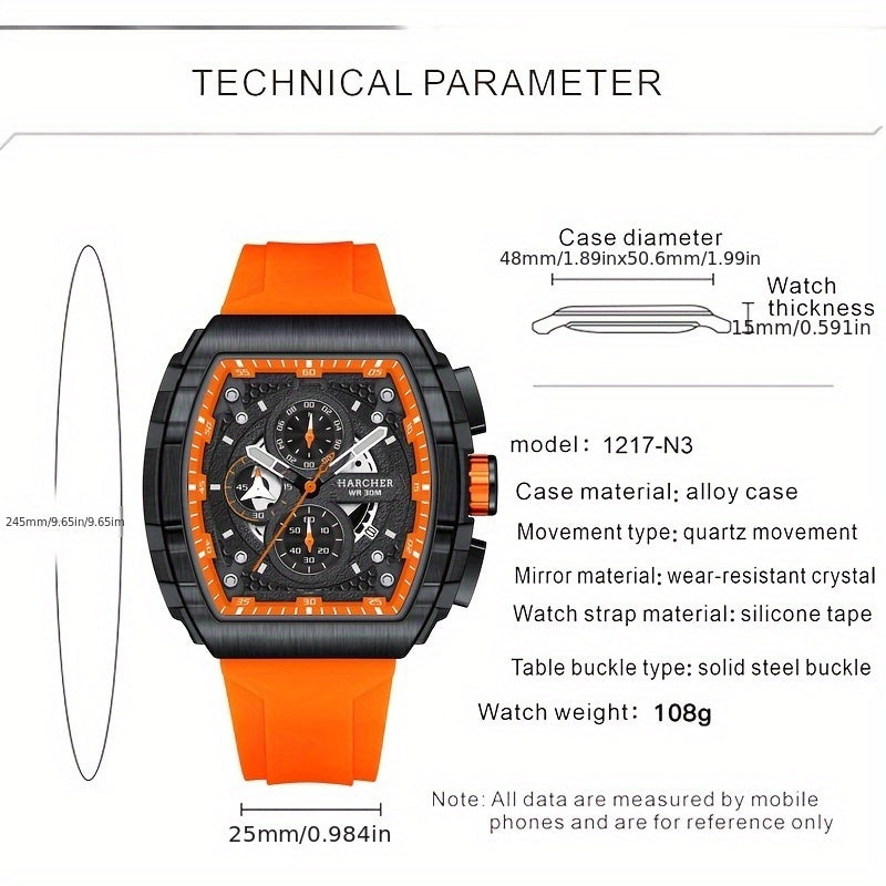 [Luxury Sport Watch] H Luxury Tonneau Sport Watch for Men - Luminous Waterproof Quartz Chronograph - Racing Style Silicone Band Wristwatch - 3ATM Waterproof High-Accuracy Multi-Functional Fashion Watch
