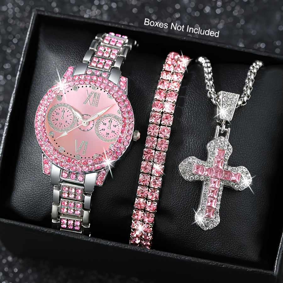 Fashion Watch and Jewelry Set 3Pcs - Rhinestone Ring Bracelet Watch Gift Set for Women, Elegant Pink Silver Quartz Watch with Matching Accessories, Ideal Birthday Gift