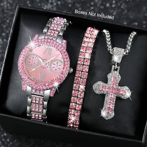 Fashion Watch and Jewelry Set 3Pcs - Rhinestone Ring Bracelet Watch Gift Set for Women, Elegant Pink Silver Quartz Watch with Matching Accessories, Ideal Birthday Gift