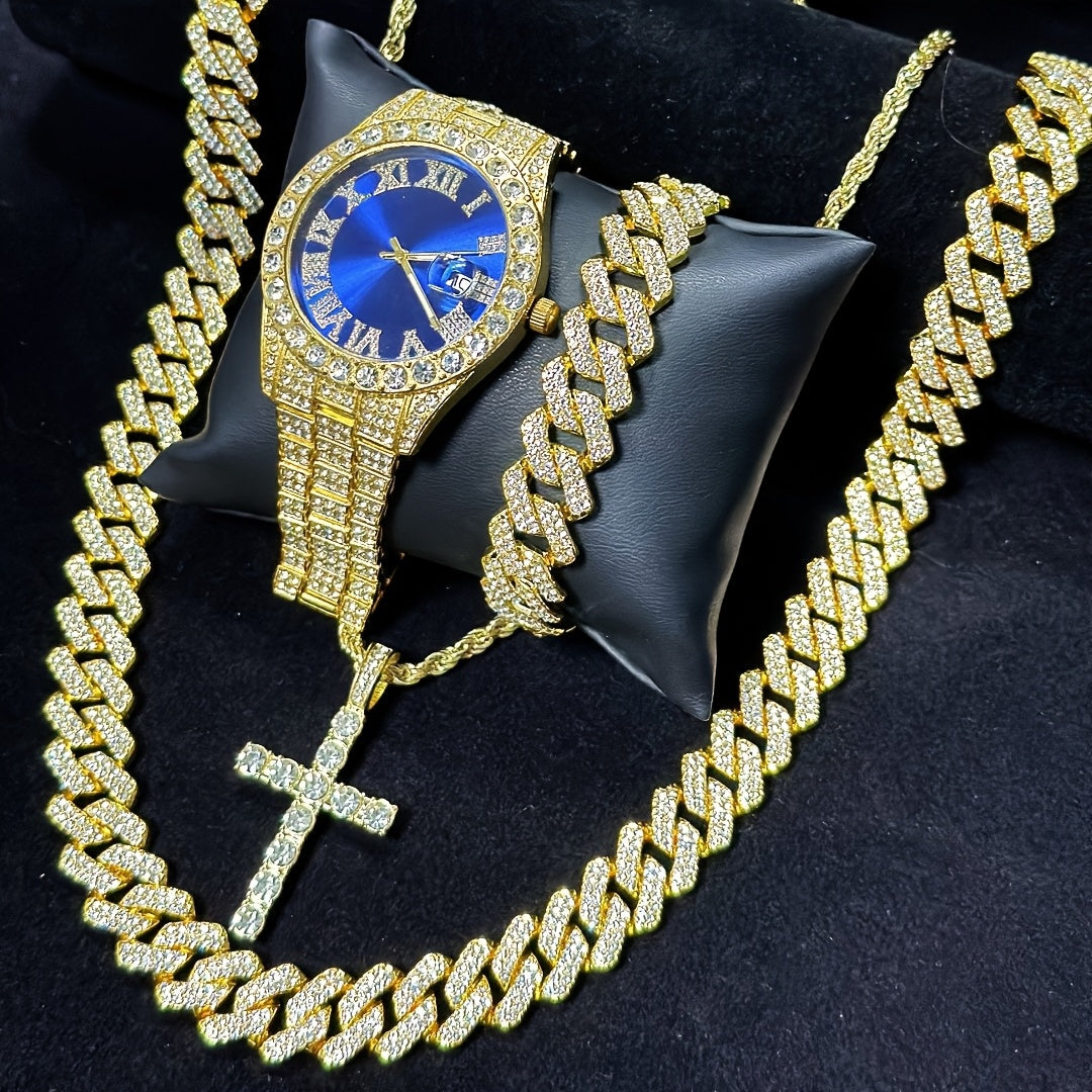 Cuban Link Jewelry Set for Women – Necklace, Bracelet, Pendant & Wristwatch Full Set, Luxury Gift for Valentine's Day, Christmas & Birthday, Multiple Colors