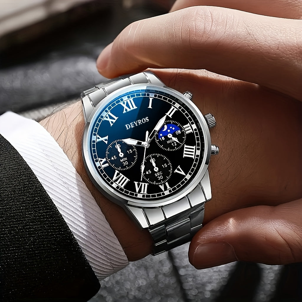 Set of 3 Men'S Stainless Steel Timepieces - Business Chronograph Quartz Watch with Coordinating Necklace And Bracelet, Analog World Time Function, Perfect for Professional And Formal Events, Great Gift Idea