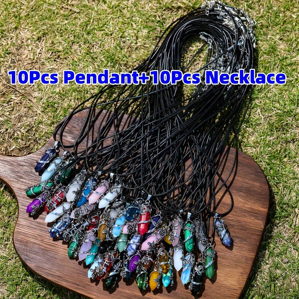 20pcs Natural Stone Hexagon Prism Shaped Wrapped Flower Pendant Necklace Suit, Including 10pcs Hexagon Prism with 10 Imitation Faux Leather Ropes for DIY Necklace Jewelry Handmade, Casual Accessories and Gifts