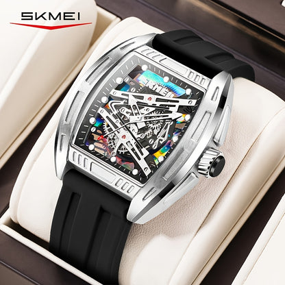 Men's Hollow Dial Barrel-Shaped Quartz Watch with Luminous Hands & Waterproof Silicone Strap - Fashion Skeleton Analog Wristwatch for Men, Sporty Casual Timepiece