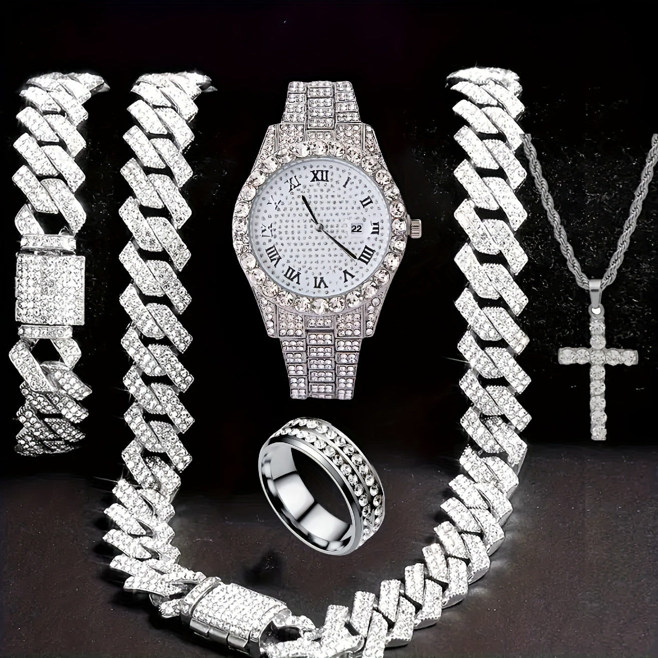 3pcs/5pcs, A Fashionable Hip-hop Watch Set with Waterfall Chain Bracelet And Necklace - Sparkling Water Droplets, Classic Design, Suitable for Men's Wear