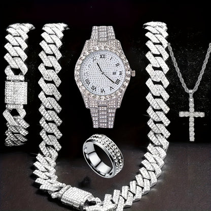 Men's Hip-Hop Watch & Waterfall Chain Jewelry Set – Sparkling Bracelet & Necklace Combo, 3pcs or 5pcs Bundle in Gold & Silver for Men