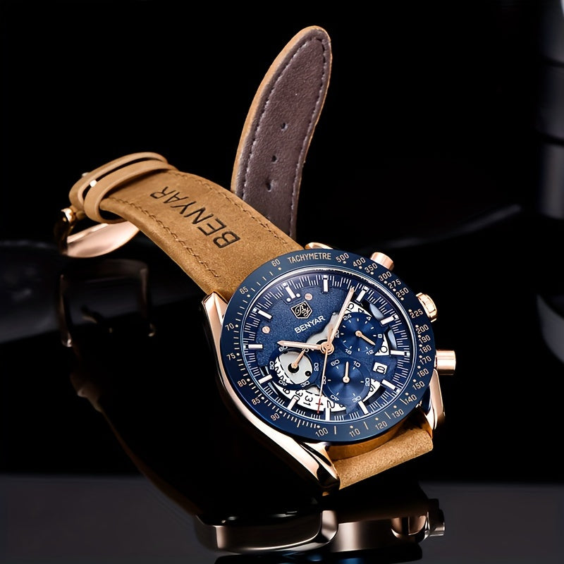 BENYAR Watch Men Luminous Chronograph Analog Quartz Big Face Business Sport Casual Fashion Dress Wristwatch Elegant Gift for Men Golden Silver Blue Black
