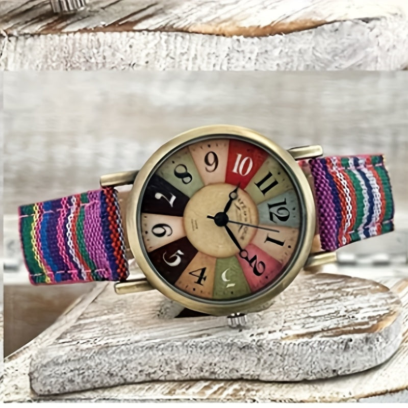Vintage Multicolor Rainbow Pattern Bohemia Style Women's Quartz Wristwatch
