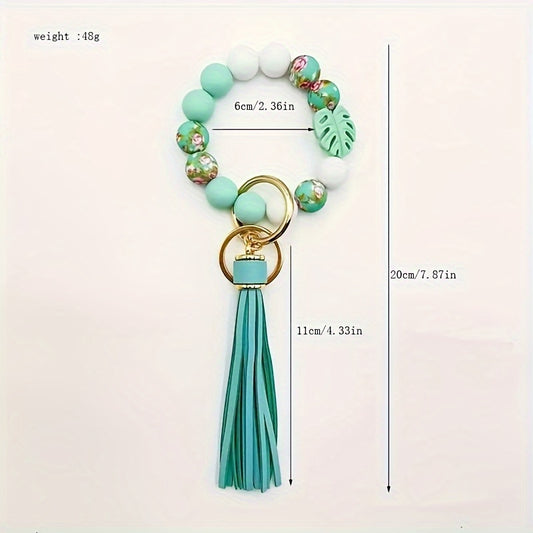 Silicone Beaded Keychain with Leaf Charm & Tassel | Trendy Floral & Solid Color Wristlet Key Ring for Women – Cute Spring Summer Bag Accessory