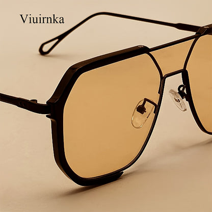 Oversized Sunglasses Women Men Vintage Double Bridge Semi-Rimless UV Protection AC Lenses Metal Accents with Case Beach Vacation Travel Daily Wear Unisex Summer Fashion