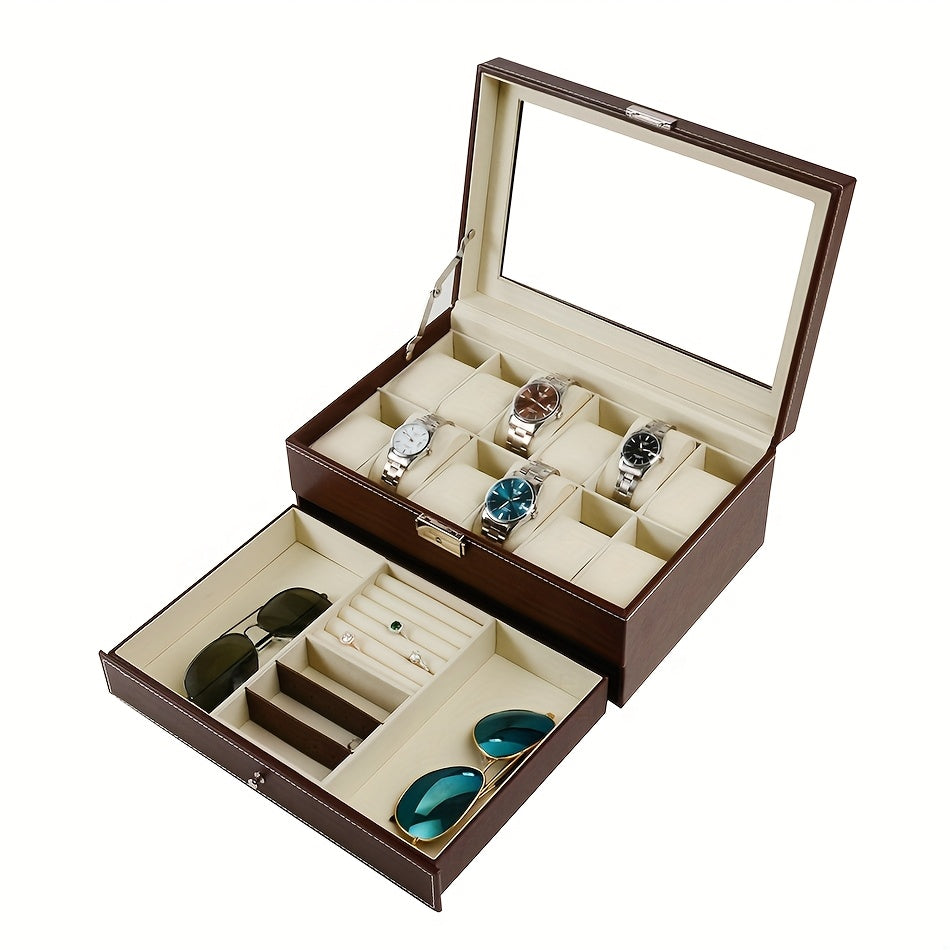 A 12-Compartment Faux Leather Watch Storage Box That Locks, Suitable for Both Men'S And Women'S Jewelry, Featuring Drawers And a Two-Tier Design with a Glass Top for Displaying Watches And Glasses