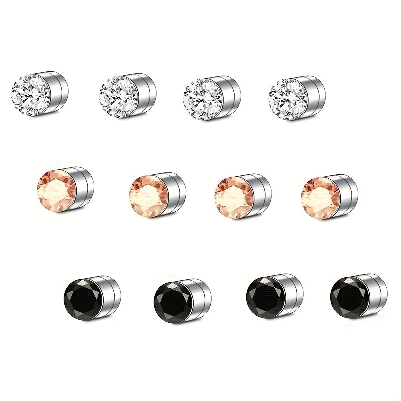 Magnetic Stud Earrings for Men Multi-Pack - Round Square Embellished Non-Piercing Ear Studs, Silver & Black Tone, 8/9/12/14pcs Set, No Piercing Needed, Unisex Fashion Jewelry Gift