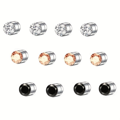 Magnetic Stud Earrings for Men Multi-Pack - Round Square Embellished Non-Piercing Ear Studs, Silver & Black Tone, 8/9/12/14pcs Set, No Piercing Needed, Unisex Fashion Jewelry Gift