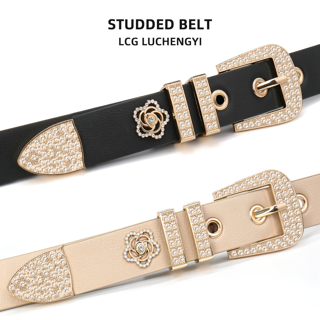 2 Pack Women'S Studded Belt Rhinestone Floral Rivet Punk Y2K Skinny Belts for Women for Jeans Pants Dresses