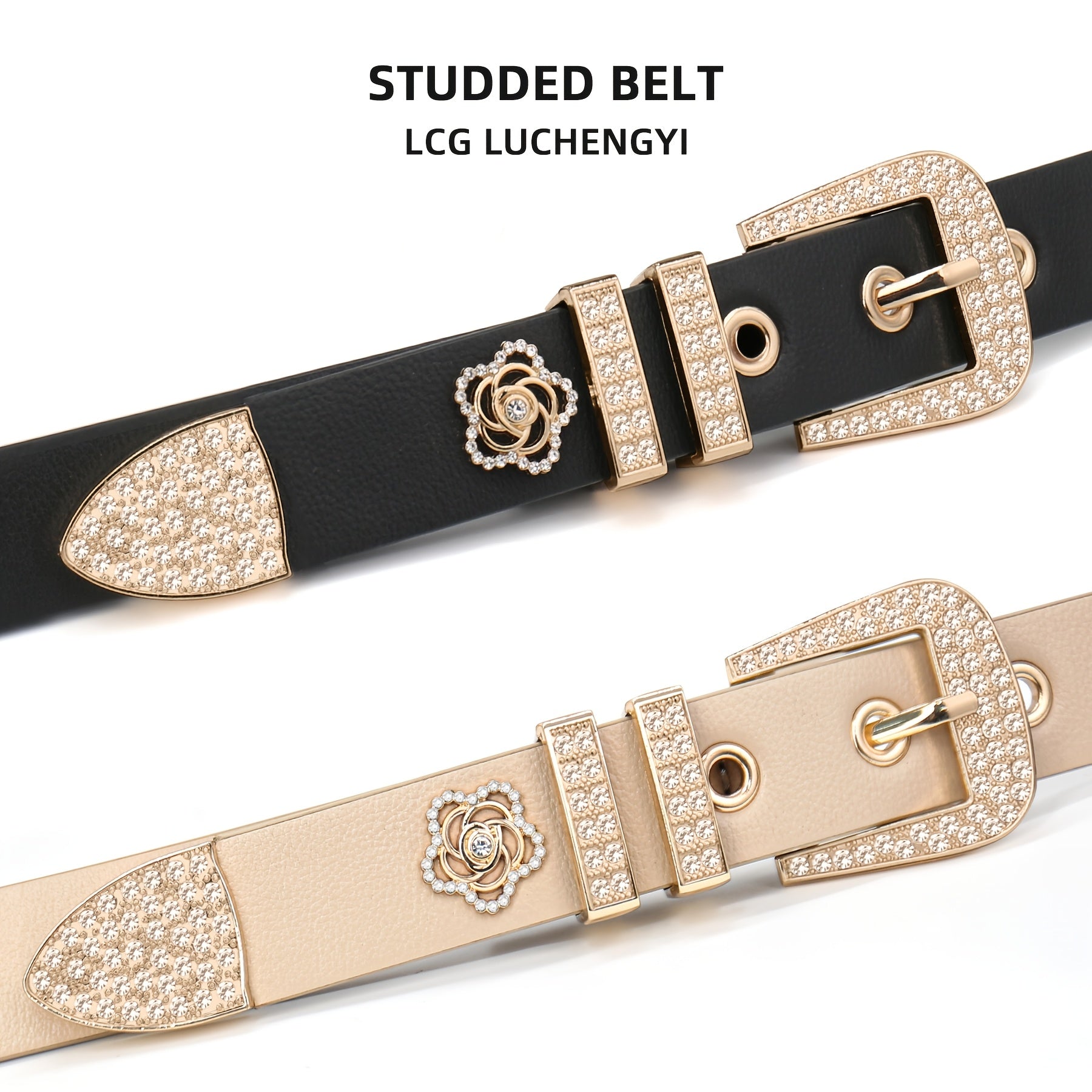2 Pack Women'S Studded Belt Rhinestone Floral Rivet Punk Y2K Skinny Belts for Women for Jeans Pants Dresses
