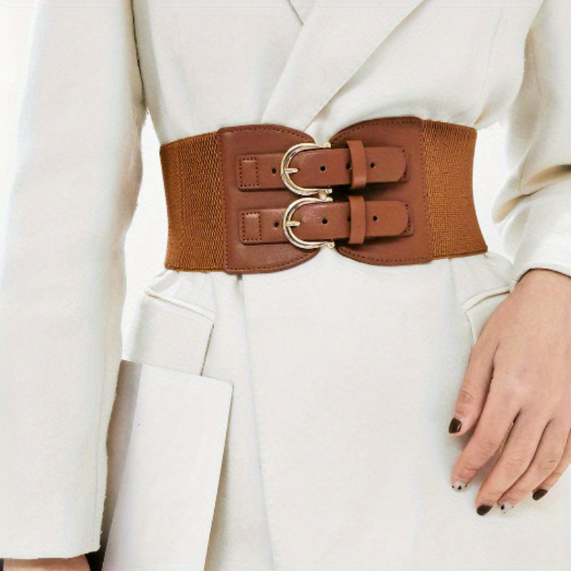 Corset Belt for Women Elastic Wide - Stretchy Bimetallic Buckle Waist Belt for Dresses Shirts Coats Suits, Casual Fashion Cinch Belt for Party Commute Street Holiday Outfits One Size Black