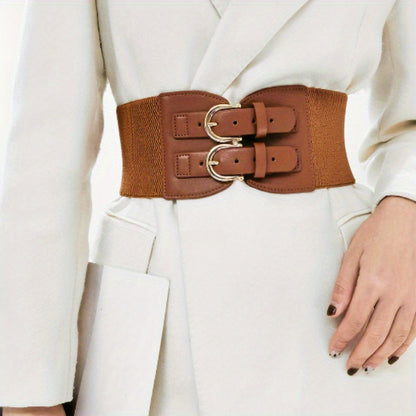 Corset Belt for Women Elastic Wide - Stretchy Bimetallic Buckle Waist Belt for Dresses Shirts Coats Suits, Casual Fashion Cinch Belt for Party Commute Street Holiday Outfits One Size Black