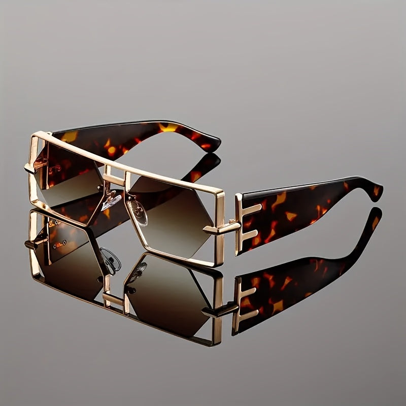 Unisex Oversized Hollow Square Sunglasses, Protection & Metal Frame, Trendy Exaggerated PC Lens Sunglasses, Beach Vacation Travel Essential, Includes Protection Case, Summer Fashion Accessories, Lightweight Durable Eyewear