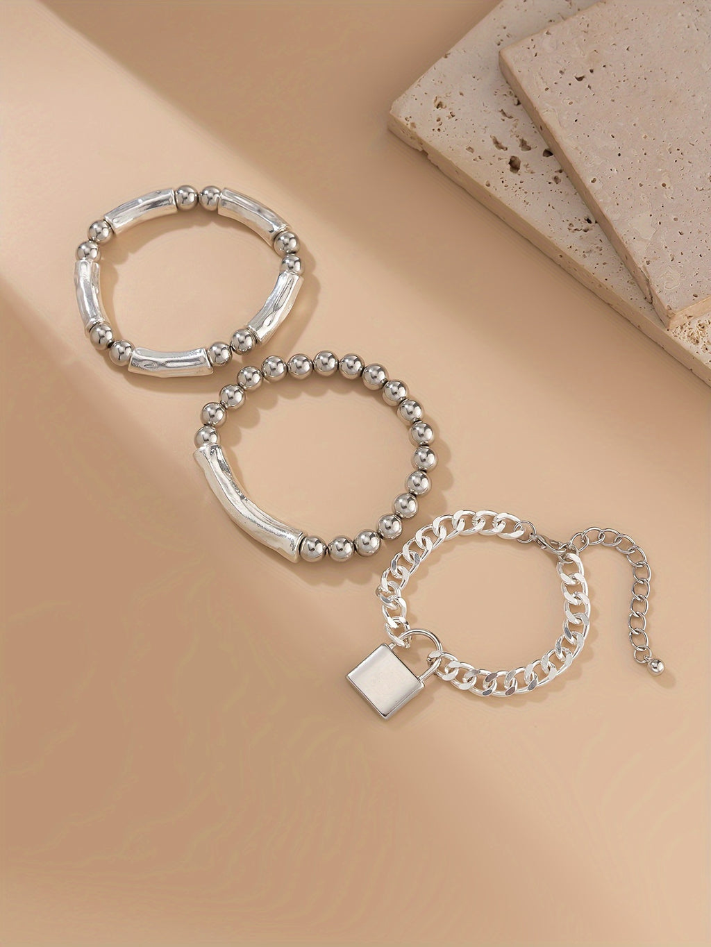 3pcs 925 Silver Exquisite Silvery Beaded Punk Bracelet Set with Lock Pendant