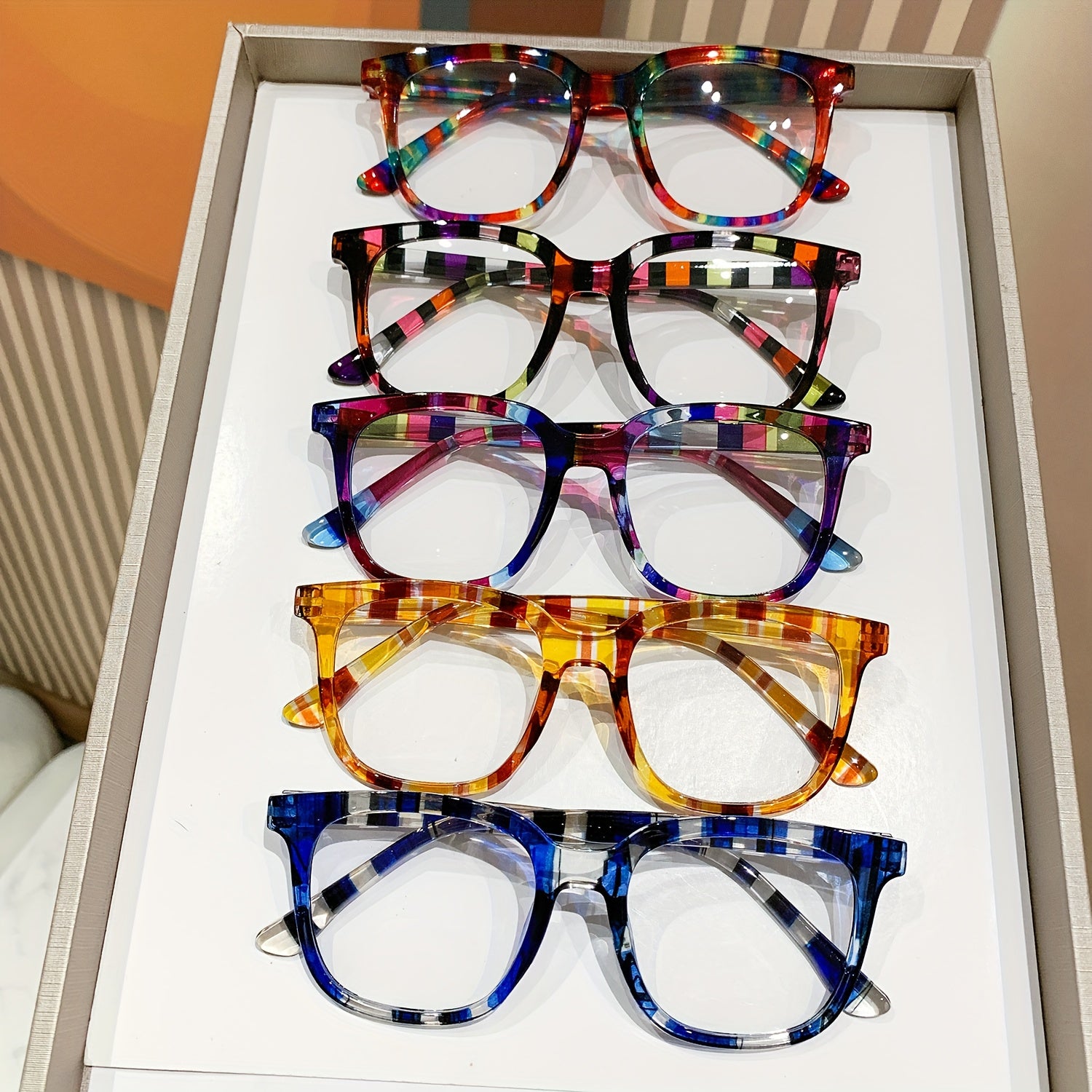 PALESHY 5pcs Rectangular Reading Glasses For Woman, Color-blocking Striped Design, Comfortable And Durable, For Men And Women, Fashionable And Practical, High-quality Lenses, Suitable For Daily Leisure And Office Use.