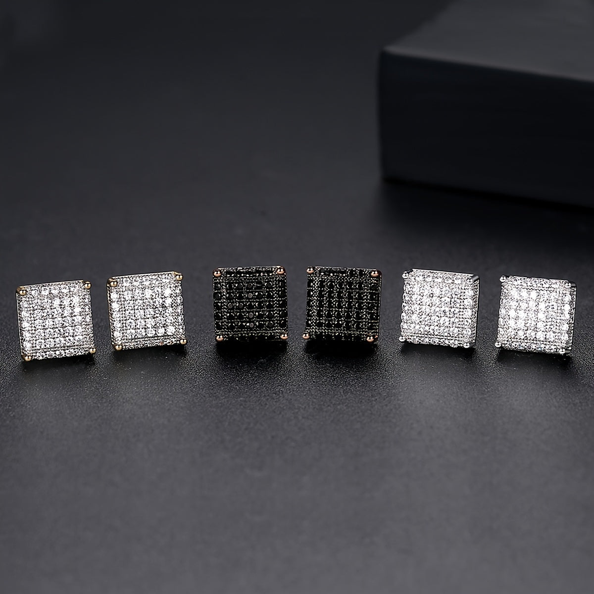 Men's Iced Out Square CZ Stud Earrings – Hip Hop Cubic Zirconia Copper Bling Earpin Streetwear Silver Black Cool Gift for Him