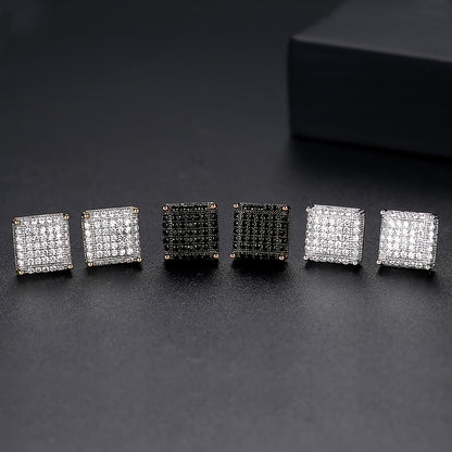 Men's Iced Out Square CZ Stud Earrings – Hip Hop Cubic Zirconia Copper Bling Earpin Streetwear Silver Black Cool Gift for Him