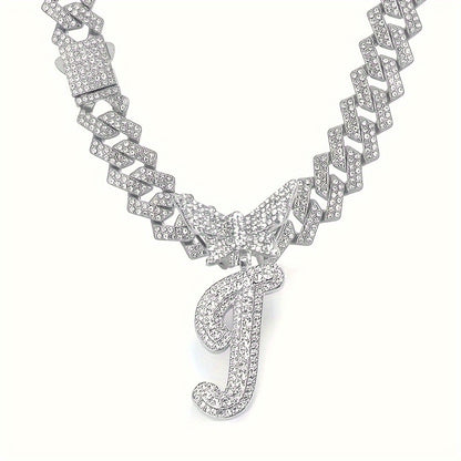 Cuban Link Chain Necklace - Initial Letter for Men Women - with Butterfly Alphabet Pendant A-Z, Gold & - product detail view