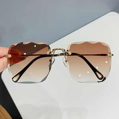 Rimless Square Sunglasses for Women 3 Pack - Trendy Frameless Tinted Glass Lenses Lightweight Durable PC Frame Black Purple Brown for Shopping Photography Travel Daily Wear