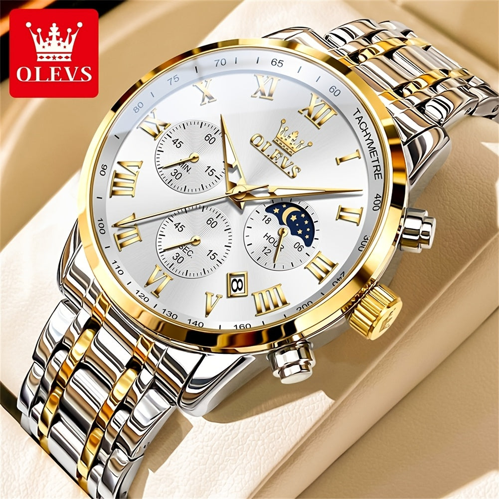 OLEVS Men's Luxury Dress Watch – Stainless Steel Chronograph, Moon Phase, Roman Numerals Analog Quartz Wristwatch, Elegant Gift for Him