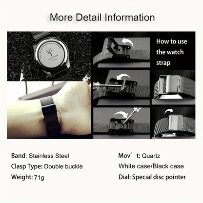 Minimalist No-Hands Quartz Watch with Stainless Steel Strap - Contemporary Industrial Design Unisex Wristwatch for Men & Women, Unique Sleek Timepiece for Everyday & Formal Wear