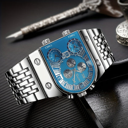 Gold Watch for Men Luxury Quartz Chronograph Roman Numeral Dial Date Multi-Timezone Alloy Band Business Formal Dress Wristwatch Golden Silver Blue Black