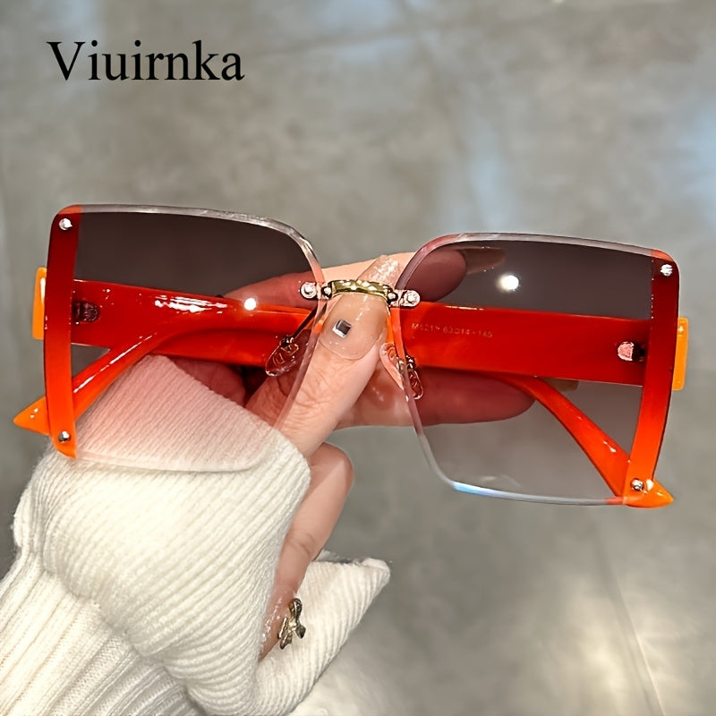 Oversized Rimless Sunglasses Women Square Frame Gradient Lenses Lightweight Unisex Summer Eyewear with Case Beach Party Halloween Christmas Gift Green Orange Black