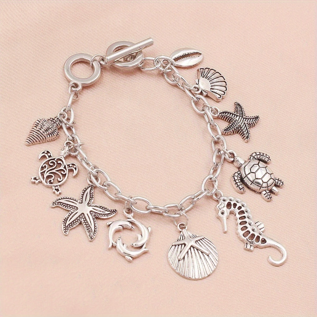 S925 Silver 1pc Ocean Style Seahorse Turtle Dolphin Starfish Sea Snails Scallop Conch Charm Pendant Chain Bracelet, Marine Animal Bracelet Friendship Jewelry Gift.Total Weight Of The Product (3g)