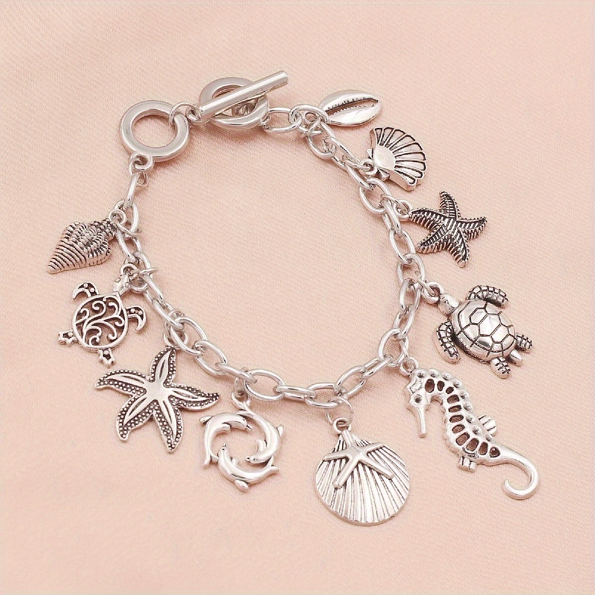 Ocean Charm Bracelet 925 Sterling Silver Marine Animal Pendant Chain Bracelet Seahorse Turtle Dolphin Starfish Conch Beach Jewelry Friendship Gift Women