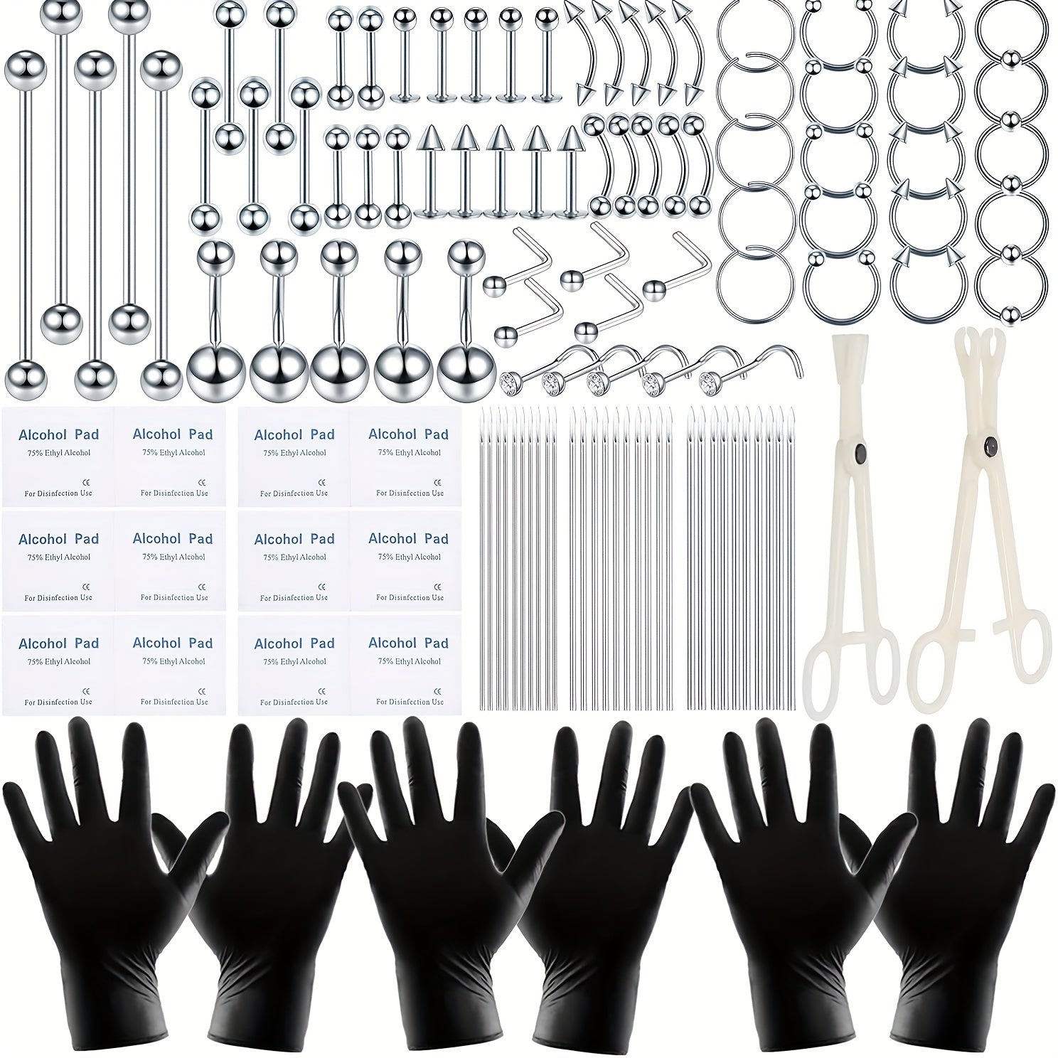 [120pcs Piercing Kit] Local Warehouse 120pcs Professional Body Piercing Kit - Stainless Steel 14G 16G Jewelry - Belly Nose Lip Septum Rings - Tool Set