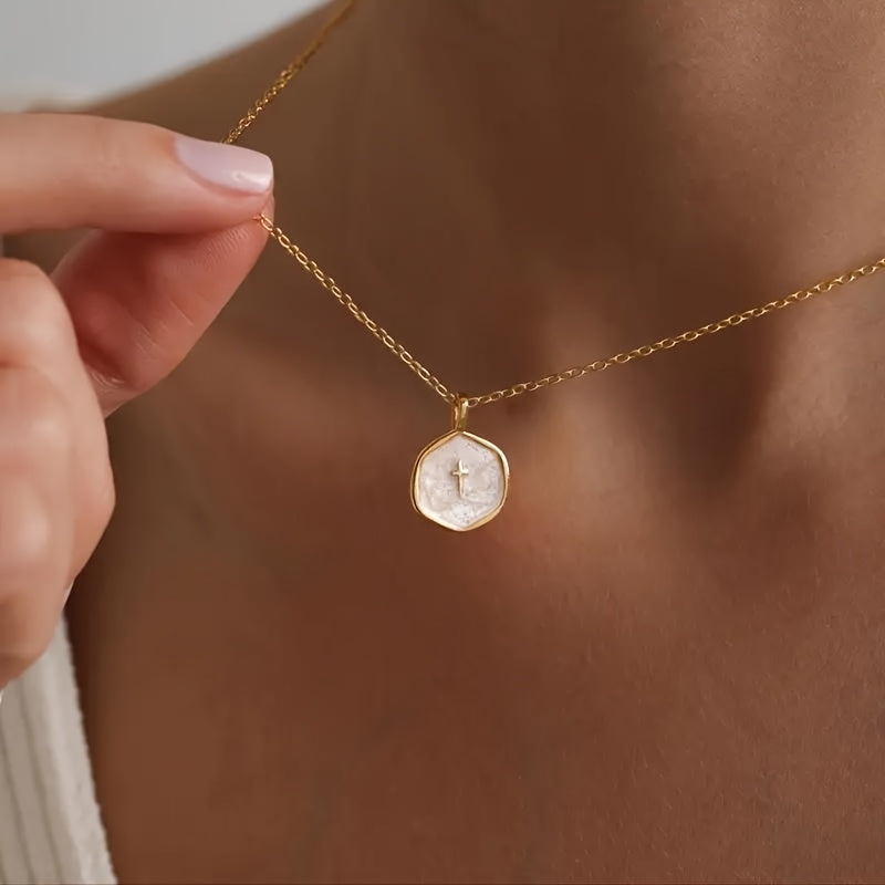 1 Irregular Shaped Enamel Decorated Golden Mini Cross Pendant Necklace, Elegant And Simple Jewelry Accessory for Women And, Hypoallergenic, Durable Stainless Steel Collarbone Chain, Perfect Christian Gift Jewelry
