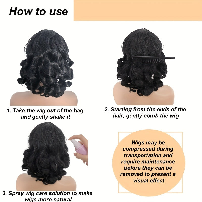 Women's 12 Inch Elegant Short Roll Wavy Costume Wig High Temperature Synthetic Fiber with Rose Mesh Cap 130% Density Natural Black Soft Curly Suitable for Daily Use Family Gatherings Halloween