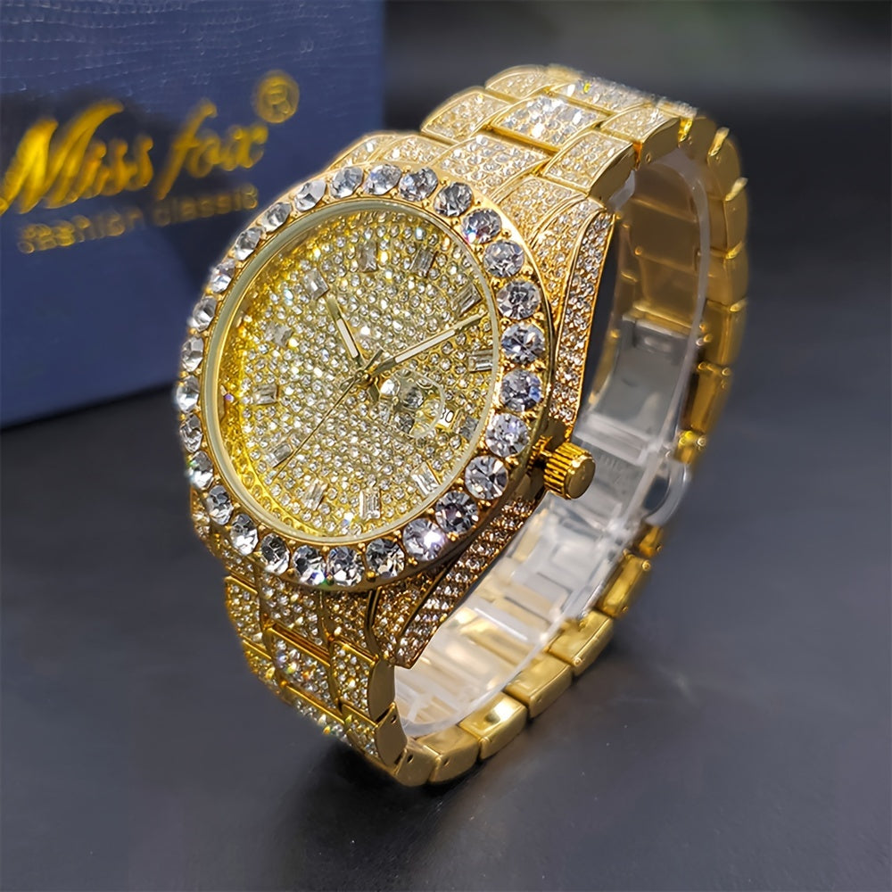 Men's Classic Business Iced Rhinestone Quartz Watch, Classic Fashion Wrist Watch