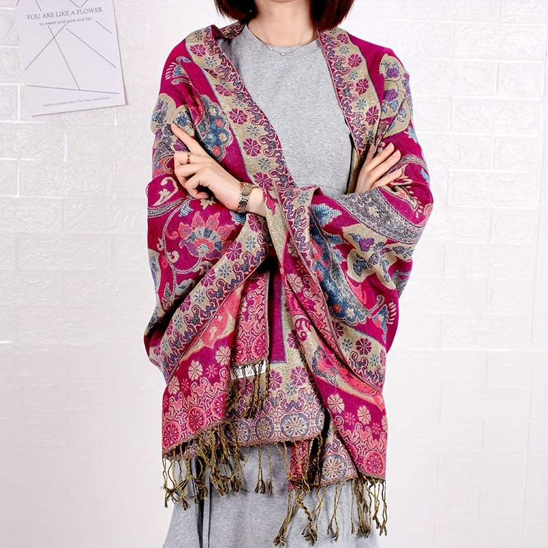 Brightly Colored Paisley Patterned Burgundy Scarf - Cozy, Warm, And Adaptable Neck Wrap Ideal for Travel, Music Festivals, And Daily Fashion - Ethnic-Inspired Shawl with Fringe Accents
